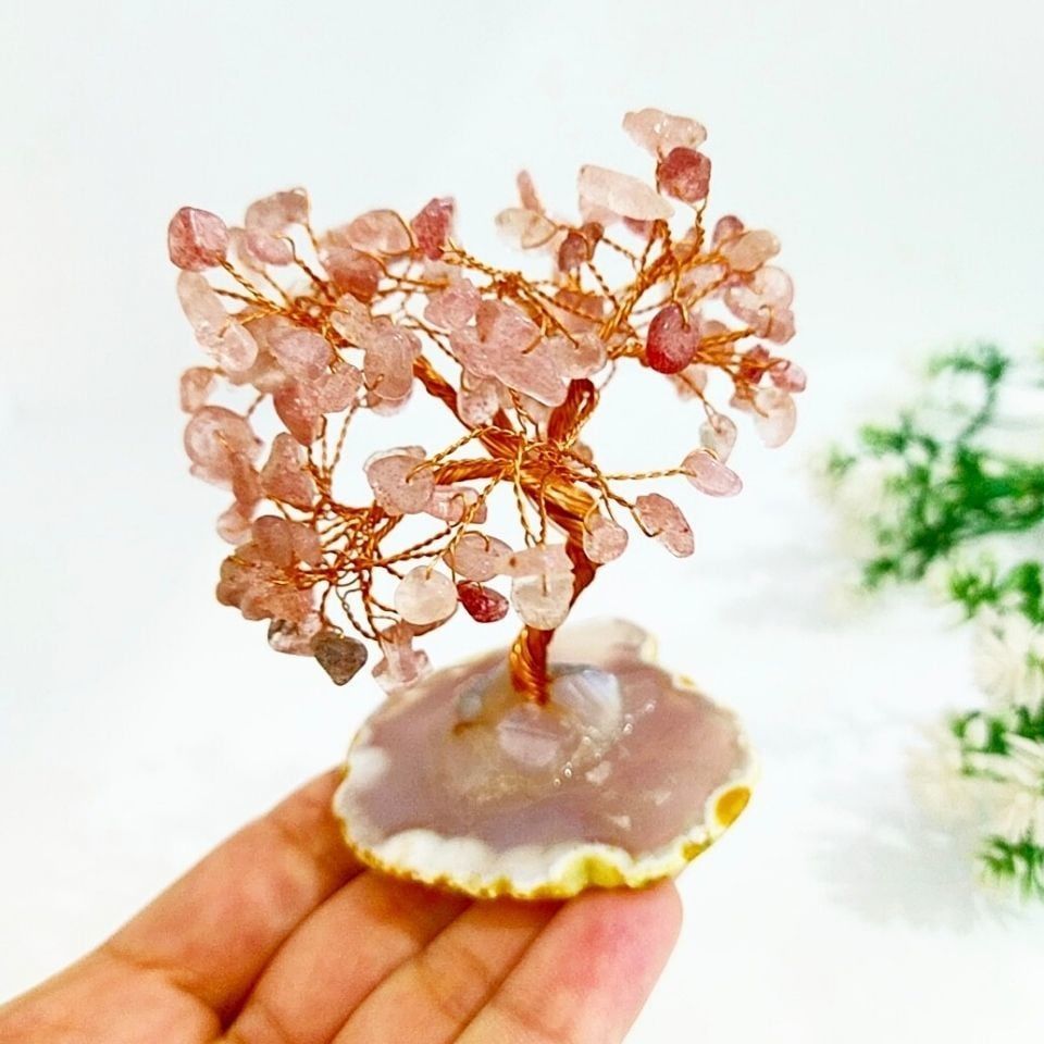 Pembe Kuvars ve Akik Doğal Taş Hayat Ağacı